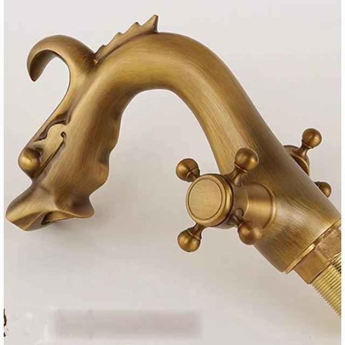 Bathroom Sink Faucet - Loong Style Dragon Shape Classic Mount Outside Single Handle One Hole Bath Taps in Antique Brass