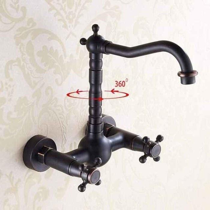 Traditional Bathroom Sink Mixer Taps Black Wall Mounted, 360° Rotatable Antique Retro Brass Sink Kitchen Tap Washroom Basin Bathtub Tub