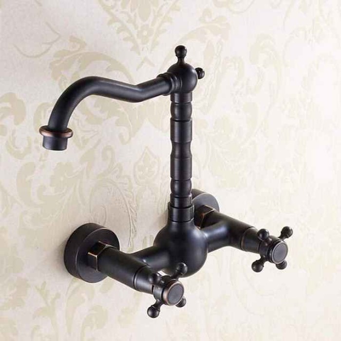 Traditional Bathroom Sink Mixer Taps Black Wall Mounted, 360° Rotatable Antique Retro Brass Sink Kitchen Tap Washroom Basin Bathtub Tub