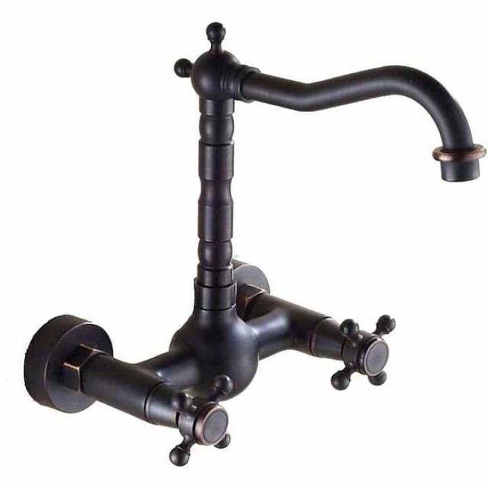 Traditional Bathroom Sink Mixer Taps Black Wall Mounted, 360° Rotatable Antique Retro Brass Sink Kitchen Tap Washroom Basin Bathtub Tub